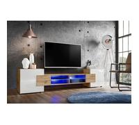Meuble Banc TV Merano Version 2 Komodee - LED Bleues - Blanc Brillant et Bois naturel - 230 x 53 x 35 cm