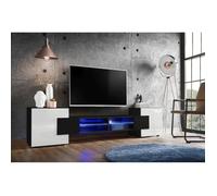 Meuble Banc TV Merano Version 2 Komodee - LED Bleues - Blanc Brillant et Noir - 230 x 53 x 35 cm