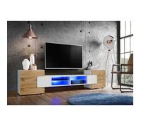 Meuble Banc TV Merano Version 2 Komodee - LED Bleues - Bois naturel Mat et Blanc - 230 x 53 x 35 cm