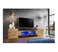 Meuble Banc TV Merano Version 2 Komodee - LED Bleues - Bois naturel Mat et Bois naturel - 230 x 53 x 35 cm