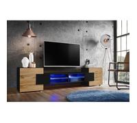 Meuble Banc TV Merano Version 2 Komodee - LED Bleues - Bois naturel Mat et Noir - 230 x 53 x 35 cm