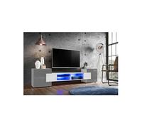 Meuble Banc TV Merano Version 2 Komodee - LED Bleues - Gris Brillant et Blanc - 230 x 53 x 35 cm