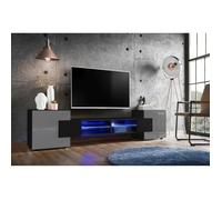 Meuble Banc TV Merano Version 2 Komodee - LED Bleues - Gris Brillant et Noir - 230 x 53 x 35 cm
