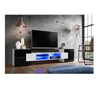 Meuble Banc TV Merano Version 2 Komodee - LED Bleues - Noir Brillant et Blanc - 230 x 53 x 35 cm