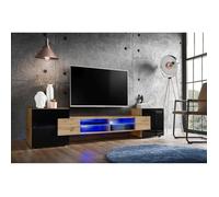 Meuble Banc TV Merano Version 2 Komodee - LED Bleues - Noir Brillant et Bois naturel - 230 x 53 x 35 cm