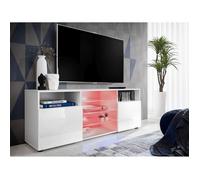 Meuble Banc TV Urbino Komodee - LED RGB - Blanc Brillant et Blanc - Facades en Brillant - 140 x 53 x 35 cm