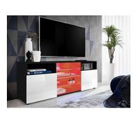 Meuble Banc TV Urbino Komodee - LED RGB - Blanc Brillant et Noir - Facades en Brillant - 140 x 53 x 35 cm