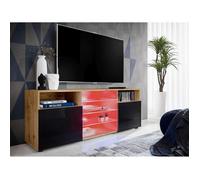 Meuble Banc TV Urbino Komodee - LED RGB - Noir Brillant et Bois Naturel - Facades en Brillant - 140 x 53 x 35 cm