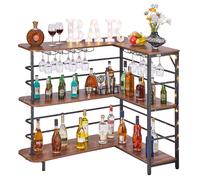 VEVOR Meuble Bar d’Angle, Bar de Salon 3 Niveaux, pour Bouteilles Verres Cuisine Maison Pub, Table de Bistro avec Étagères de Rangement et Éclairage LED, Finition Noyer et Structure Métallique