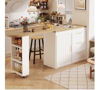 Meuble Bar de Cuisine - 3 Tiroirs, Placard et Étagères Réglables - Blanc Effet Bois - Table Haute avec Rangements Latéraux