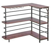 Meuble bar d'intérieur, de forme en L, avec armoire-table pour vin à 3 niveaux, comprenant des étagères de rangement, des patins réglables, un éclairage LED, une finition en noyer et une structure mét
