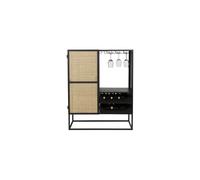 Meuble bar en métal noir, 1 porte, 2 tiroirs, 2 étagères, porte en rotin, rangement verres à vin - White Label, Guuji - 80x38x100 cm