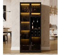 Meuble Bar LED Noir, Vitrine avec Portes Vitrées, Porte-Bouteilles et Porte-Verres, 60 x 36 x 160 cm