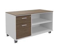Meuble bas console mobile sur roulettes Rhéa - L. 120 x P. 60 x H. 66 cm - 2 tiroirs - Corps Blanc - Tiroirs Noyer