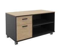 Meuble bas console mobile sur roulettes Rhéa - L. 120 x P. 60 x H. 66 cm - 2 tiroirs - Corps Carbone - Tiroirs Chêne