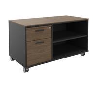 Meuble bas console mobile sur roulettes Rhéa - L. 120 x P. 60 x H. 66 cm - 2 tiroirs - Corps Carbone - Tiroirs Noyer