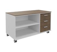 Meuble bas console mobile sur roulettes Rhéa - L. 120 x P. 60 x H. 66 cm - 3 tiroirs - Corps Blanc - Tiroirs Noyer