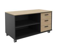 Meuble bas console mobile sur roulettes Rhéa - L. 120 x P. 60 x H. 66 cm - 3 tiroirs - Corps Carbone - Tiroirs Chêne