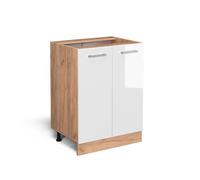 Meuble bas de cuisine R-Line, 60cm sans PT, Blanc Haute brillance/Chêne de force doré, Vicco 37100