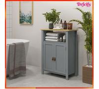 Meuble bas de salle de bain multi-rangements - AKOZON - 8620 - Grande niche - Placard 2 portes - Gris & naturel, 60x30x80,5 cm