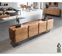 Meuble-bas Kiano 200 cm Acacia Nature 4 Portes Pied en V Acier inoxydable Séparateur de pièce