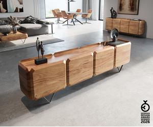 Meuble-bas Kiano 220 cm Acacia Nature 4 Portes Pied en V Acier inoxydable Séparateur de pièce
