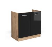 Vicco Meuble Bas sous-évier R-Line, Noir Haute Brillance, 80cm | 2 Portes · Sans plan de travail · Pieds réglables en hauteur · Grand espace intérieur ✓ · Librement combinable