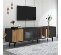 Meuble Bas TV Bois avec Rangement, Meuble Salon TV Moderne avec Compartiments, Trou de Passage pour Câbles et 1 Porte en Verre, Gris