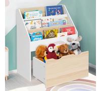 Meuble bibliothèque pour enfant blanc et hêtre avec 3 étagères et 1 bac