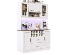 Meuble Buffet haut de cuisine blanc avec éclairage LED -Armoire salle à manger en bois-Style Contemporain -120x36,3x180 cm