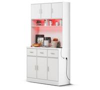 Meuble Buffet haut de cuisine blanc avec éclairage LED salle a manger en bois-Style Contemporain-L 100 x P 40 x H 180 cm