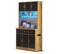 Meuble Buffet haut de cuisine Naturel avec éclairage LED salle a manger en bois-Style Contemporain-L 100 x P 40 x H 180 cm