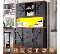 Meuble Buffet haut de cuisine noir avec éclairage LED salle a manger en bois-Style Scandinave-115 × 40 × 175 cm