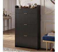 Meuble Chaussures Slim - 78x24x134cm - 3 Portes Abattantes Rangement Modulable - Finition Cannelée Chic en MDF Noir pour Entrée
