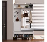 Meuble Coffre Armoire à Chaussures moderne bois avec orte-Manteau vestiaire d'entrée et salon, Blanc,100 x35x180 cm
