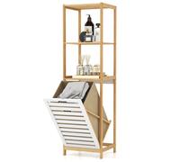 Meuble Colonne de Salle de Bain-COSTWAY-Armoire Haute avec 1 Panier à Linge 40L 3 Étagères-Bois-36 x 33 x 130 cm-Couleur Naturelle