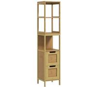 Meuble colonne rangement salle de bain style cosy dim. 30L x 30l x 144H cm 3 étagères 2 tiroirs bambou MDF aspect bois clair Beige G