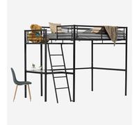 Meuble Cosy Cadres de Lit avec Bureau et Sommier à Lattes, pour Matelas 140x190cm, Verre et métal, Style Industriel, Noir