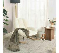 Meuble Cosy Fauteuil à Bascule Scandinave, Rocking Chair en Tissu Chenille, Chaise à Bascule Allaitement, pour Salon Chambre, Pieds en Bois d’Hévéa, Blanc crème