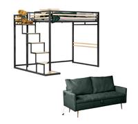 MEUBLE COSY Lit Mezzanine 140 x 200 cm avec Canapé 2 Places Intégré, Ports USB, Coffre de Rangement, Structure Métallique, Gain de Place pour Chambre Adulte et Ado, Vert