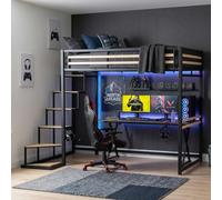 Meuble Cosy Lit Mezzanine 2 Places 140x200 cm avec Échelle et Barrière | Cadre de Lit Double, en Bois d'ingénierie et métal, Style Industriel, pour Adulte Enfant, Chambre Petit Espace Studio
