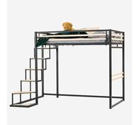 Meuble Cosy Lit Mezzanine 2 Places 140x200cm avec Sommier à Lattes pour Adulte Enfant, en Bois d'ingénierie et métal, Style Industriel, Chêne + Noir