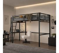 Meuble Cosy Lit Mezzanine 2 Places avec Chaise Réglable et Bureau en Verre Trempé, Gain de Place pour Chambre Étudiant Adolescent Adulte, Cadre Métallique, Noir + Blanc