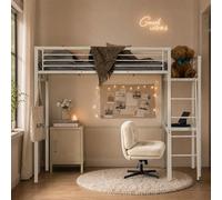 MEUBLE COSY Lit Mezzanine 2 Places avec Chaise Réglable et Bureau en Verre Trempé, Gain de Place pour Chambre Étudiant Adolescent Adulte, Cadre Métallique, Blanc