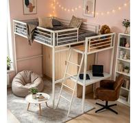 MEUBLE COSY Lit Mezzanine 2 Places avec Fauteuil Réglable et Bureau en Verre Trempé, Gain de Place pour Chambre Étudiant Adolescent Adulte, Cadre Métallique, Blanc + Marron