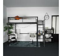 MEUBLE COSY Lit Mezzanine 2 Places avec Fauteuil Réglable et Bureau en Verre Trempé, Gain de Place pour Chambre Étudiant Adolescent Adulte, Cadre Métallique, Noir + Blanc