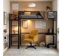 MEUBLE COSY Lit Mezzanine 2 Places avec Fauteuil Réglable et Bureau en Verre Trempé, Gain de Place pour Chambre Étudiant Adolescent Adulte, Cadre Métallique, Noir + Jaune