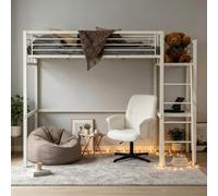 MEUBLE COSY Lit Mezzanine 2 Places avec Fauteuil Réglable et Bureau en Verre Trempé, Gain de Place pour Chambre Étudiant Adolescent Adulte, Cadre Métallique, Blanc