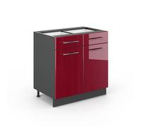 Vicco Meuble Cuisine Fame-Line, Bordeaux Haute Brillance, 80cm | Façade en MDF · Sans plan de travail · Pieds réglables en hauteur · Poignées en métal · Fermeture douce