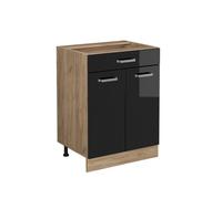 Meuble cuisine R-Line, 60cm avec tiroir, sans PT, Noir Haute brillance/Chêne de force doré, Vicco 41096